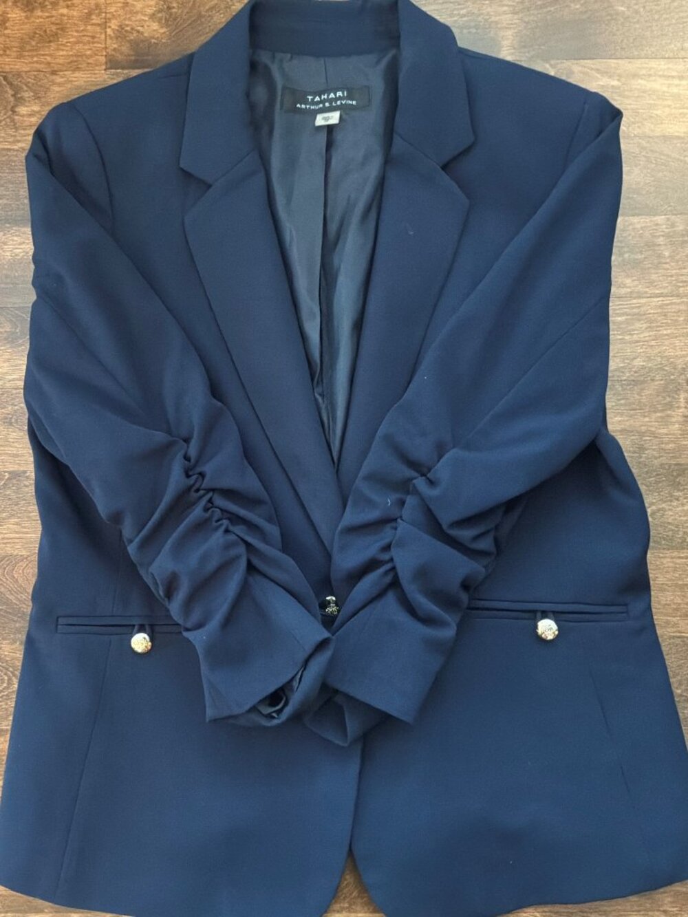 Tahari ASL Women's Blue Solid Ruched-Sleeve One-Button Blazer Jacket Size 10